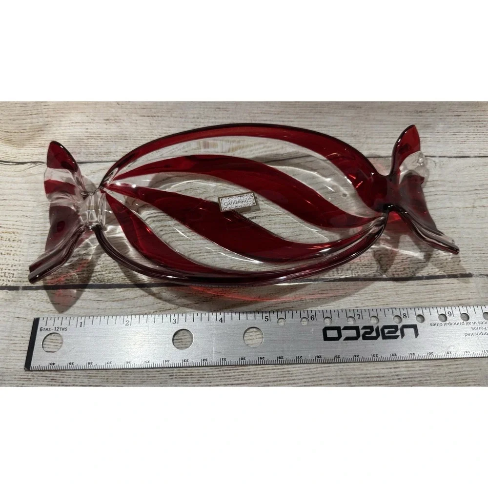 NIB Godinger Gatherings Candy Dish Peppermint Tray Crystal Christmas Red Tub18